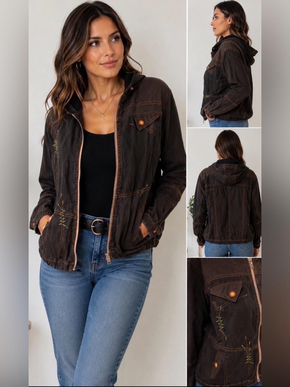 VINTAGE SABEIDO JEANS  COTTON HOODED JACKET WOMEN’S MEDIUM BROWN UTILITY Y2K - Picture 15 of 15